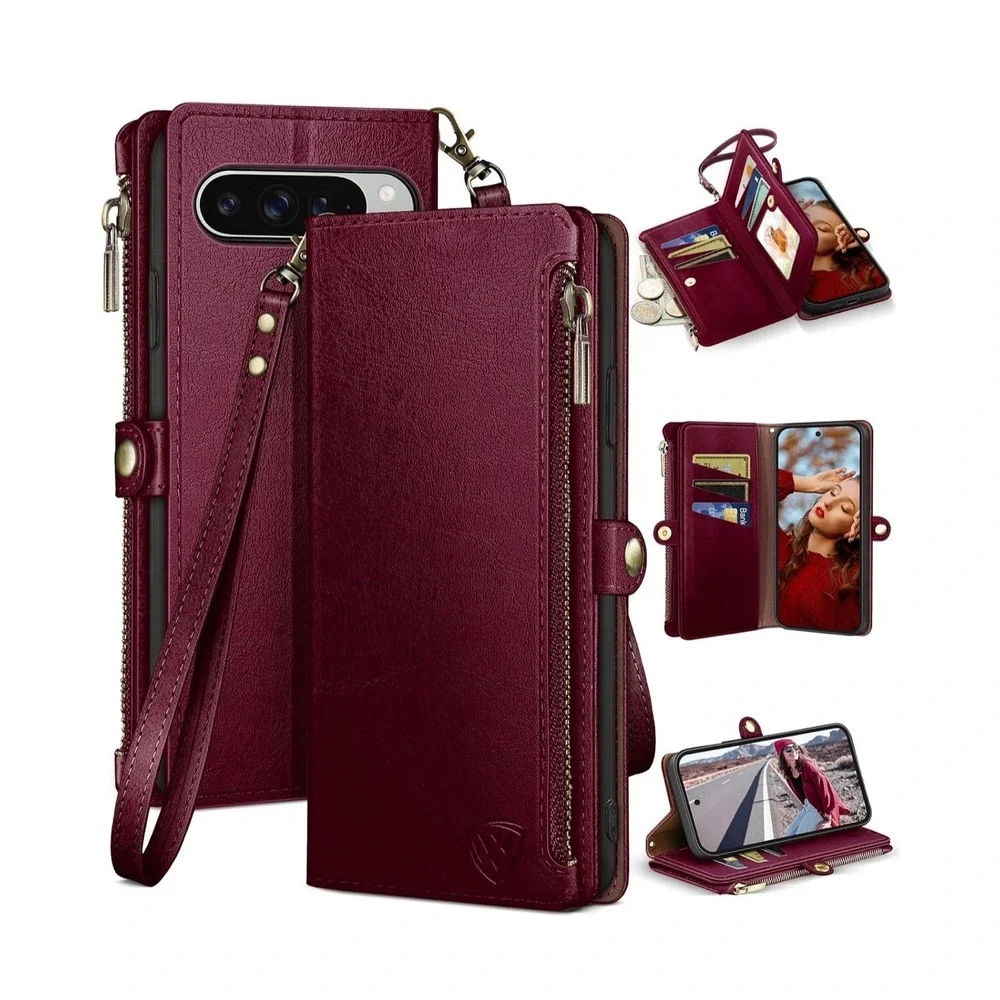 XcaseBar Google Pixel 10 Pro XL Wallet‎ Case Zipper Card Holder RFID Wine Red